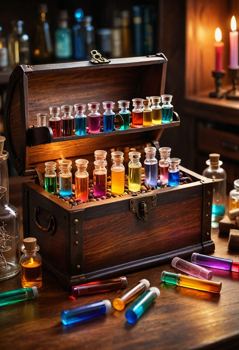 An open treasure chest overflowing with colorful vials and test tubes, symbolizing health secrets waiting to be discovered. In the background, a glowing laboratory filled with advanced equipment, radiating a sense of enlightenment and curiosity. Soft light streaming in, illuminating the vials in vibrant colors. The scene should convey a feeling of hope and empowerment in health management. super-realistic. vibrant colors. soft background.