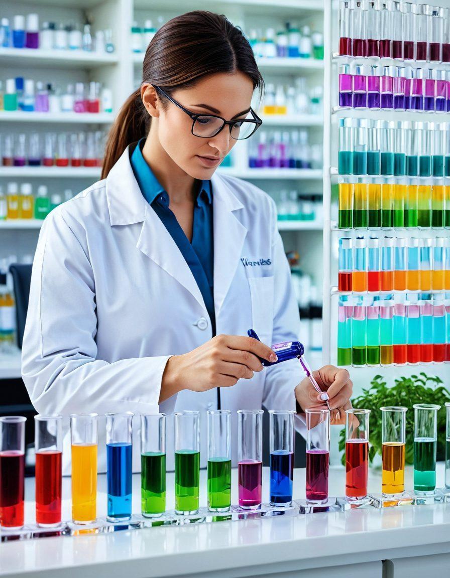 A serene laboratory setting with a scientist examining colorful test tubes filled with vibrant liquids, representing diverse health markers. In the background, a glowing wellness chart displaying positive health metrics, symbolizing the transformation through diagnostics. Soft natural light streaming in enhances the calming atmosphere, with green plants adding a touch of vitality. super-realistic. vibrant colors. clean white background.
