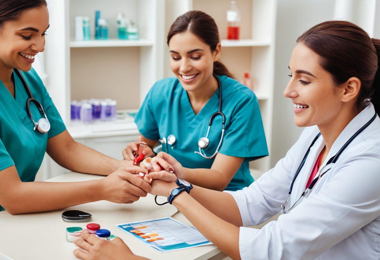 A detailed layout of a healthcare setting featuring diverse individuals undergoing various health assessments, showcasing testing equipment like blood pressure monitors and blood test vials. Include a healthcare professional interacting with patients, with infographic elements illustrating different health metrics. The atmosphere should be warm and inviting, emphasizing trust in healthcare services. soft focus. vibrant colors. super-realistic.